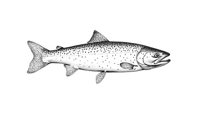 Fish sketch salmon trout. Vintage retro print, black white salmon trout fish sketch ink pencil style drawing, linear drawing, engrave old school. Sketch artwork salmon trout fish. Illustration