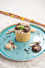 chinese banquet vegetable egg fried rice with assorted mushroom asian vegan halal food menu in blue plate banquet restaurant