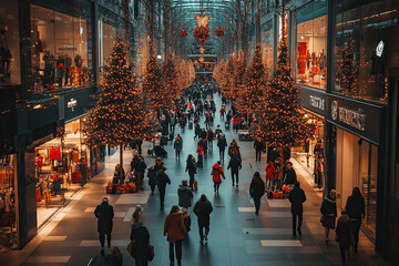 Fototapeta premium Image of many people in a shopping mall before Christmas. Concept of Christmas discounts and shopping. Generated by artificial intelligence