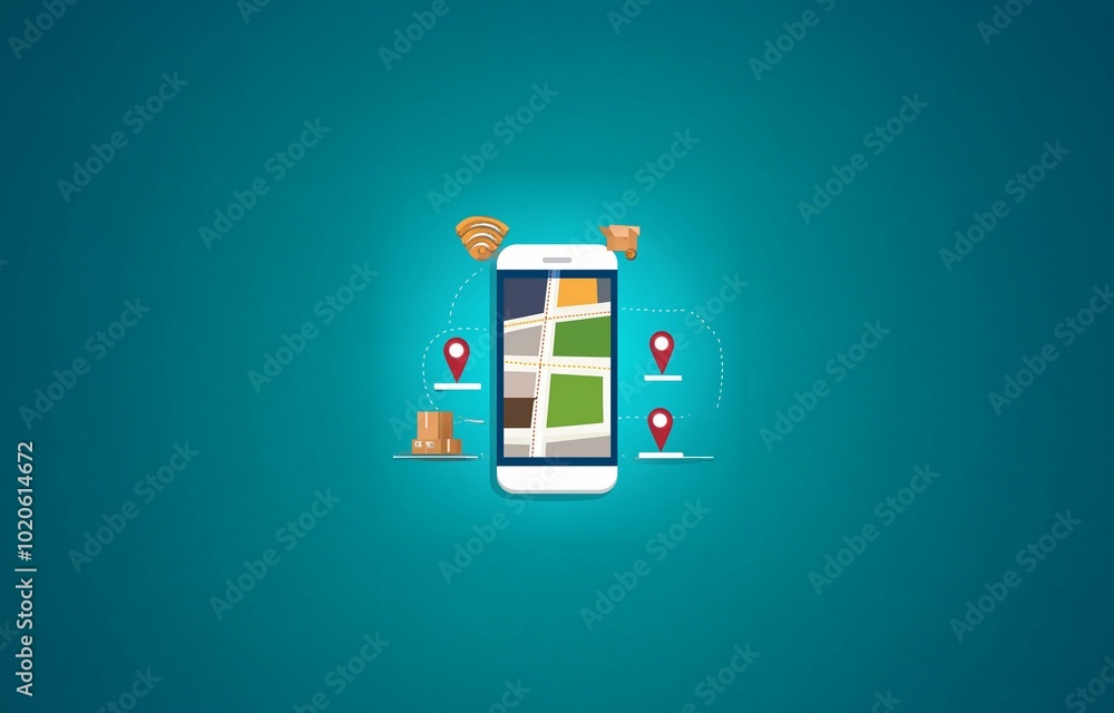 Poster a smartphone with a map app open is surrounded by icons.
