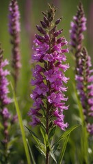 Obraz premium Two Clusters of Purple Flowers with White Spots Against Blurred Green Background