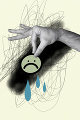 Trend artwork composite sketch image 3D photo collage of sad face emoji sticker cry water drops...