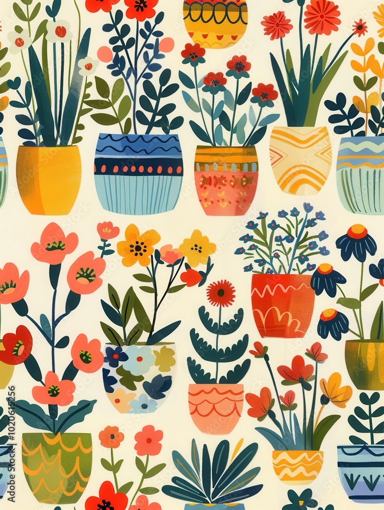 Aufkleber a vibrant display of various flowers in diverse decorative pots creates a lively and cheerful atmosp