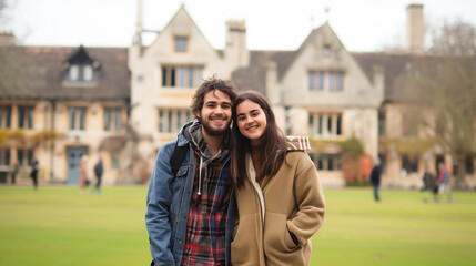 A Sweet Duo in Front of an Iconic English College,冻结 In a Snapshot with Artistic Depth and Blur