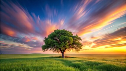 Fototapeta premium In a serene dusk, a majestic tree rises in a sunlit field, beautifully captured with a long exposure that enhances the peaceful atmosphere.