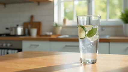 a transparent clean tall glass of fresh clear fizzy water with slices of lime and mint leaves, sits on a smooth, wooden table in a modern kitchen, captures the natural light from the window