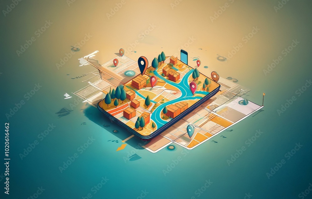 Poster a 3d illustration of a map with various location markers and a smartphone, set against a gradient ba