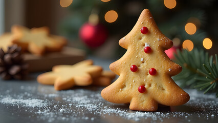 a small cookie shaped like a Christmas tree decorated with tiny red balls and star shape biscuits placed on grey surface, garland and lights in the background