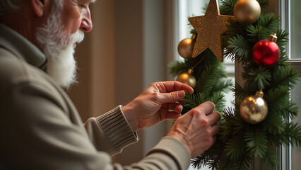 festive preparation of a focused old man wearing a sweater with white hear and beard arranging fir tree branches on a Christmas decorated wreath hanging on a glass door inside a house