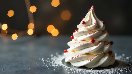 white meringue shaped out like a cone christmas tree decorated with red sprinkles sitting on a grey surface with party festive garland background and powered sugar around