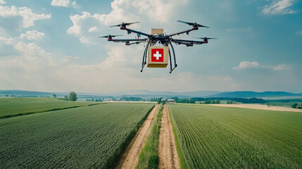 Fototapeta premium Drone delivering supplies over farmland