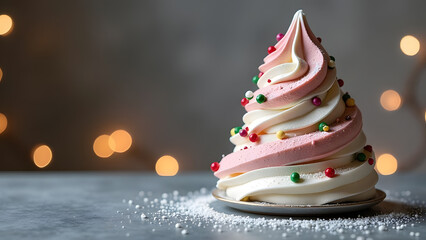 white and pink meringue shaped out like a cone christmas tree decorated with colourful sprinkles sitting in a small plate on a grey surface with festive garland background and powered sugar around