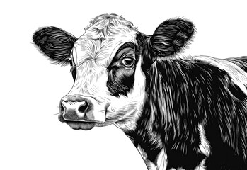 Cow, bull, farm. Vintage retro print, black white cow sketch ink pencil style drawing, engrave old school. Sketch artwork silhouette farm cow, white background. Side view profile. Illustration