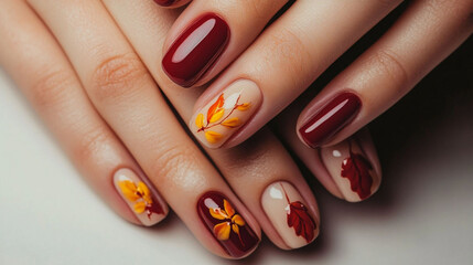 Autumn-themed and Halloween-themed manicured nails