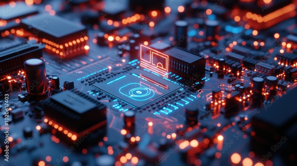 Poster a futuristic computer motherboard with glowing circuits and symbols