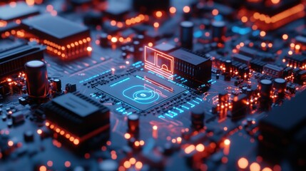 Obraz premium A Futuristic Computer Motherboard with Glowing Circuits and Symbols