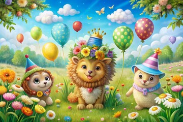 Fototapeta premium In a whimsical scene, a cute lion and cheerful owls gather to celebrate, adorned with balloons and bonnets, spreading joy and whimsy everywhere.