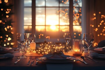 Elegant Festive Dining Room with Twinkling Lights and Cozy Ambiance