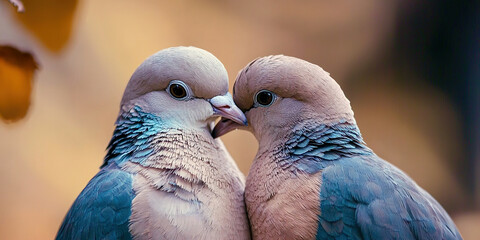 Two birds are sitting close to each other, one of which has a blue head
