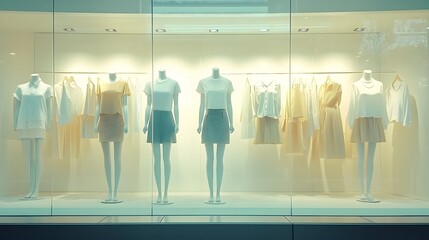 Sustainable fashion clothing displayed on mannequins in a minimalist boutique