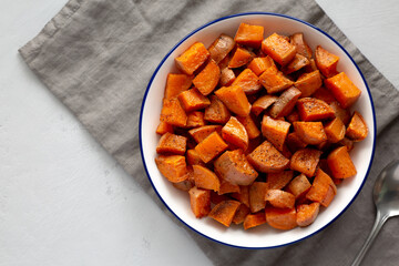 Homemade Roasted Sweet Potatoes on a Plate, top view.