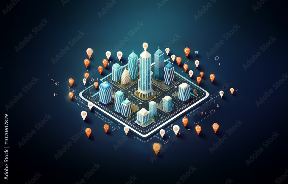 Poster a 3d isometric rendering of a city with tall buildings and a network of roads, surrounded by locatio