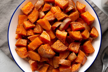 Homemade Roasted Sweet Potatoes on a Plate, top view. Overhead, from above.