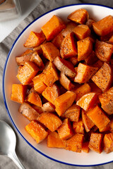 Homemade Roasted Sweet Potatoes on a Plate, top view. Overhead, from above.