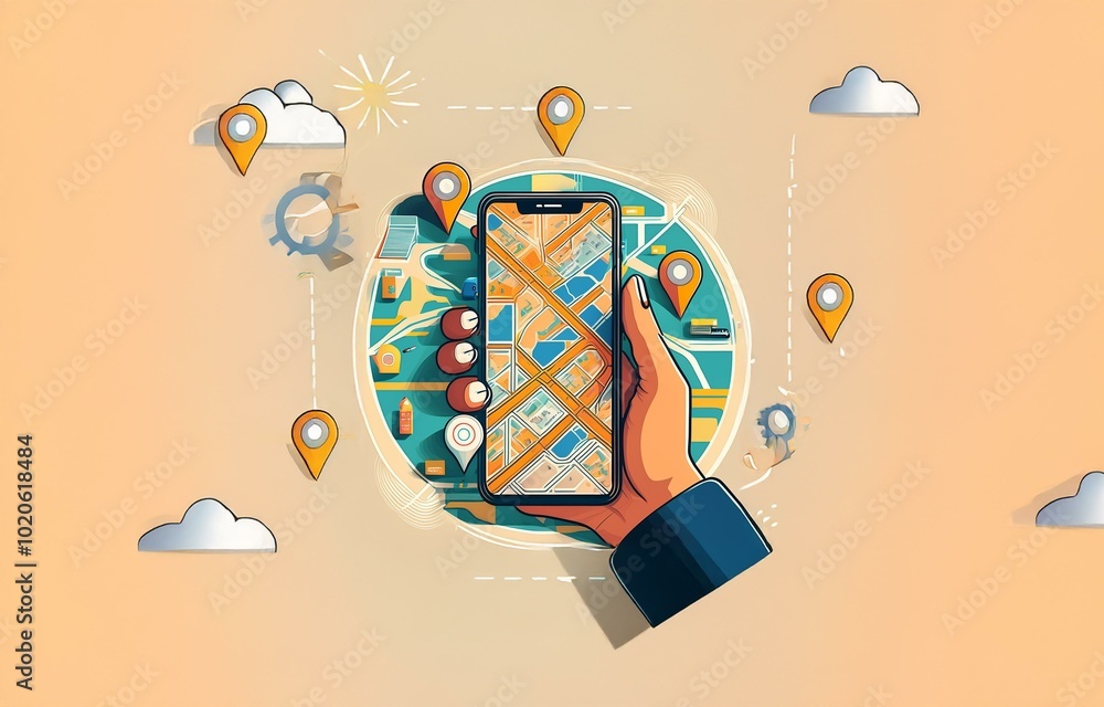 Aufkleber a hand holds a smartphone displaying a map with multiple location pin icons surrounding it.