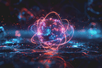 Fototapeta premium Unstable Atom nucleus with electrons spinning around its technology background.