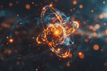 Unstable Atom nucleus with electrons spinning around its technology background.