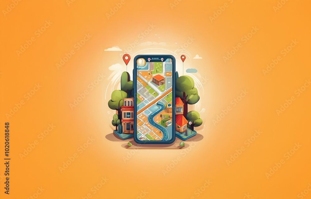 Poster a smartphone with a city map display and buildings extending beyond the screen on a yellow backgroun