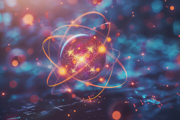 Unstable Atom nucleus with electrons spinning around its technology background.