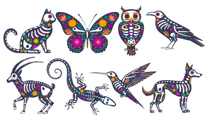 Set of skeleton decorated with flowers and decorative elements. Festive animal for the Mexican Day of the Dead, Dia de los Muertos.