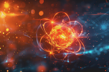 Unstable Atom nucleus with electrons spinning around its technology background.