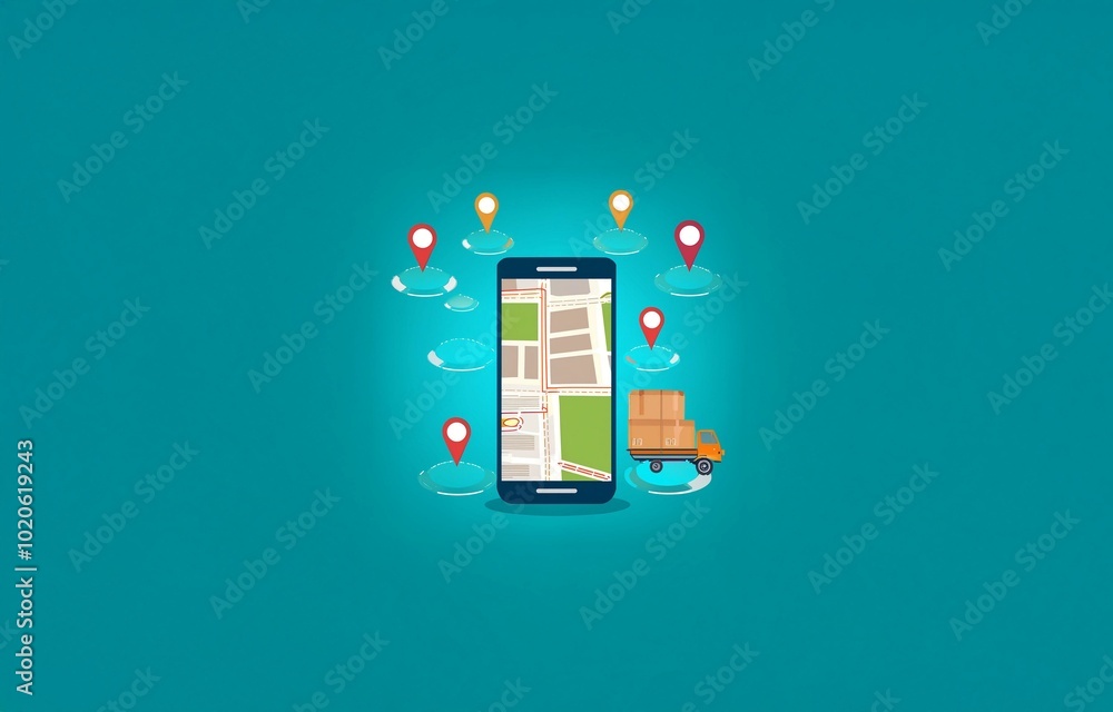 Poster a smartphone with a map app and a truck carrying a package. several location pins are scattered arou