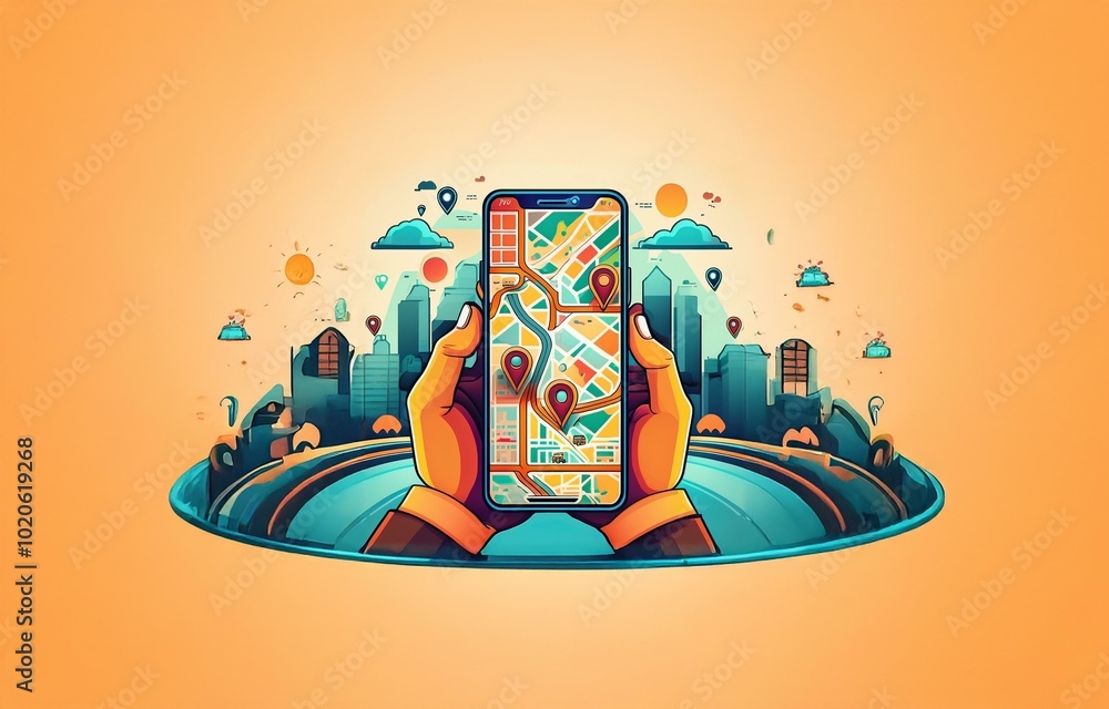 Poster a hand holds a smartphone with a map app open, displaying a city skyline.