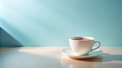 Obraz premium Forced perspective of a white cup and saucer on beige table with pastel blue backdrop