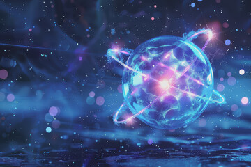 Obraz premium Unstable Atom nucleus with electrons spinning around its technology background.