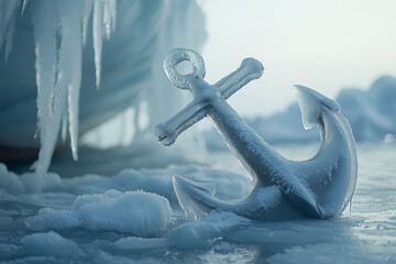 A ship anchor covered in ice, stuck in a frozen sea.  Generative AI.