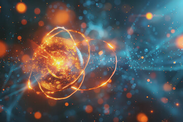 Unstable Atom nucleus with electrons spinning around its technology background.