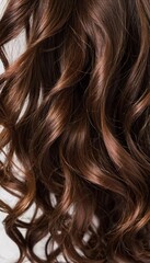 Naklejka premium This close-up image highlights the stunning texture and shine of beautiful curly hair. The rich brown curls create a captivating and inviting look under natural light. Care cosmetics. Generative AI