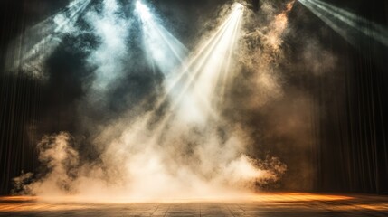 Stage illuminated with spotlights and smoke