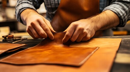 A detailed shot of hands cutting vegan leather for sustainable shoe production