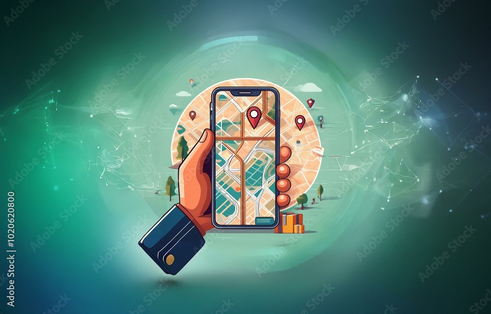 Aufkleber a hand holding a smartphone displaying a map with a pin marking a location.