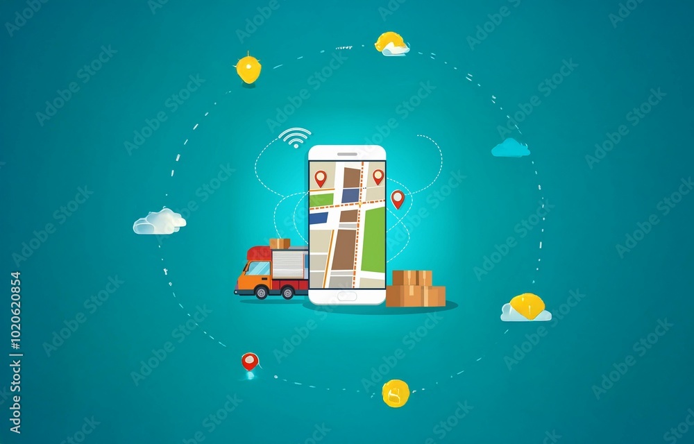 Poster a delivery truck is being tracked by a smartphone with a map showing its location and route.