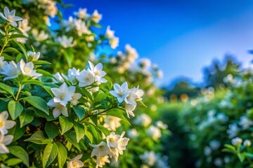 Fototapeta premium In the warm summer sunlight, vibrant green bushes of white jasmine thrive, their delicate blossoms exuding a sweet fragrance that fills the air with joy.