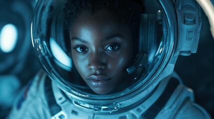 A young girl wears a bright space suit and a full head helmet