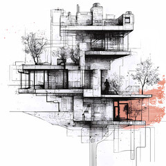 Naklejka premium sketch style of buildings, concept of urban levitation in modern city