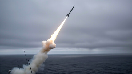 Aerial view of a missile launch from a warship towards a distant target, showcasing the power and precision of military strikes in a dark sky and ocean setting